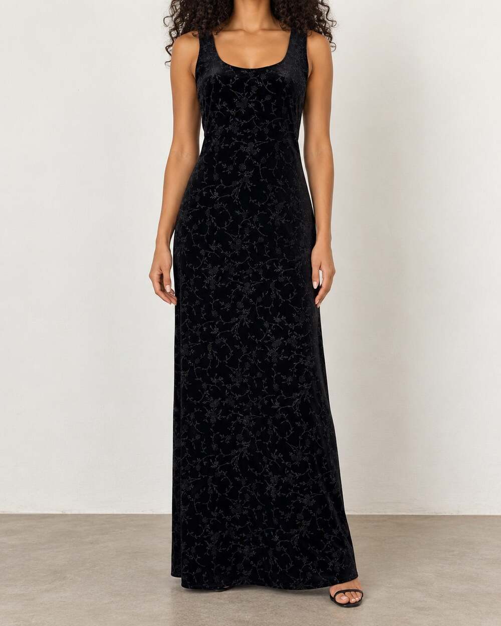 Vintage Black Floral Glitter Velvet Maxi Dress Strappy Open Back Dark Romantic